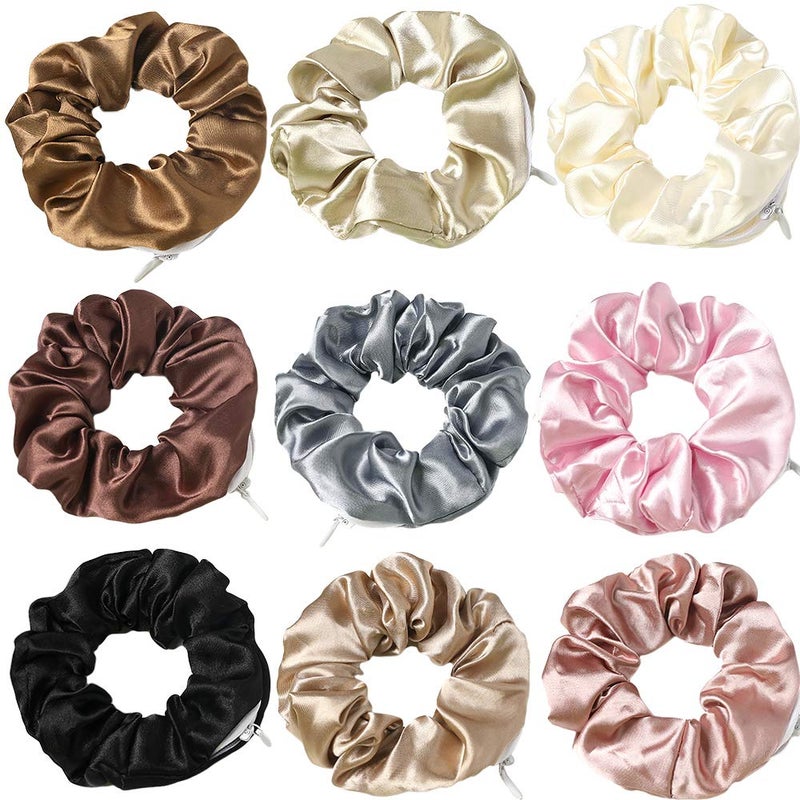 DINPREY Women's Premium Silk Scrunchies with Zipper Pouch, 9 Pcs Hair Ties Ropes, Secret Zipper Hidden Pocket Scrunchies, Tie Soft Stash Hair Elastic Ties for Vsco Girl Stuff - Image 1
